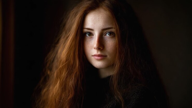 Ritratto accattivante di una giovane donna con lentiggini e fluenti capelli rossi, catturato in una splendida luce naturale su uno sfondo delicato
