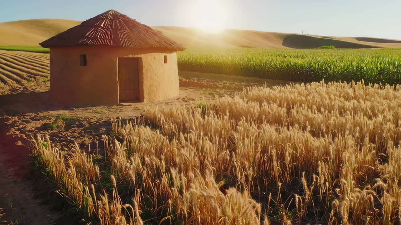 Traditional Hut in a Wheat and Corn Field