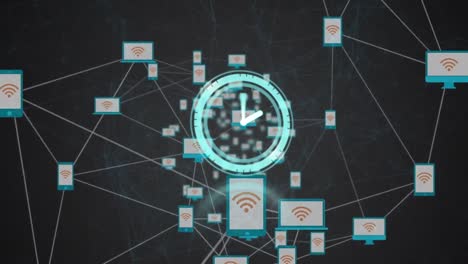 animation of networks of connections and clock icon over black background