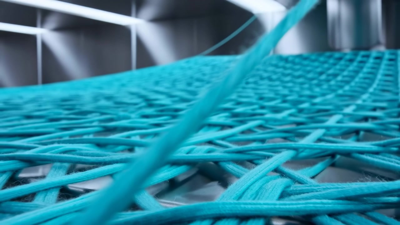Primo piano di una corda turchese che attraversa diagonalmente uno sfondo leggermente sfocato con una profondità di campo ridotta e un'illuminazione interna fredda