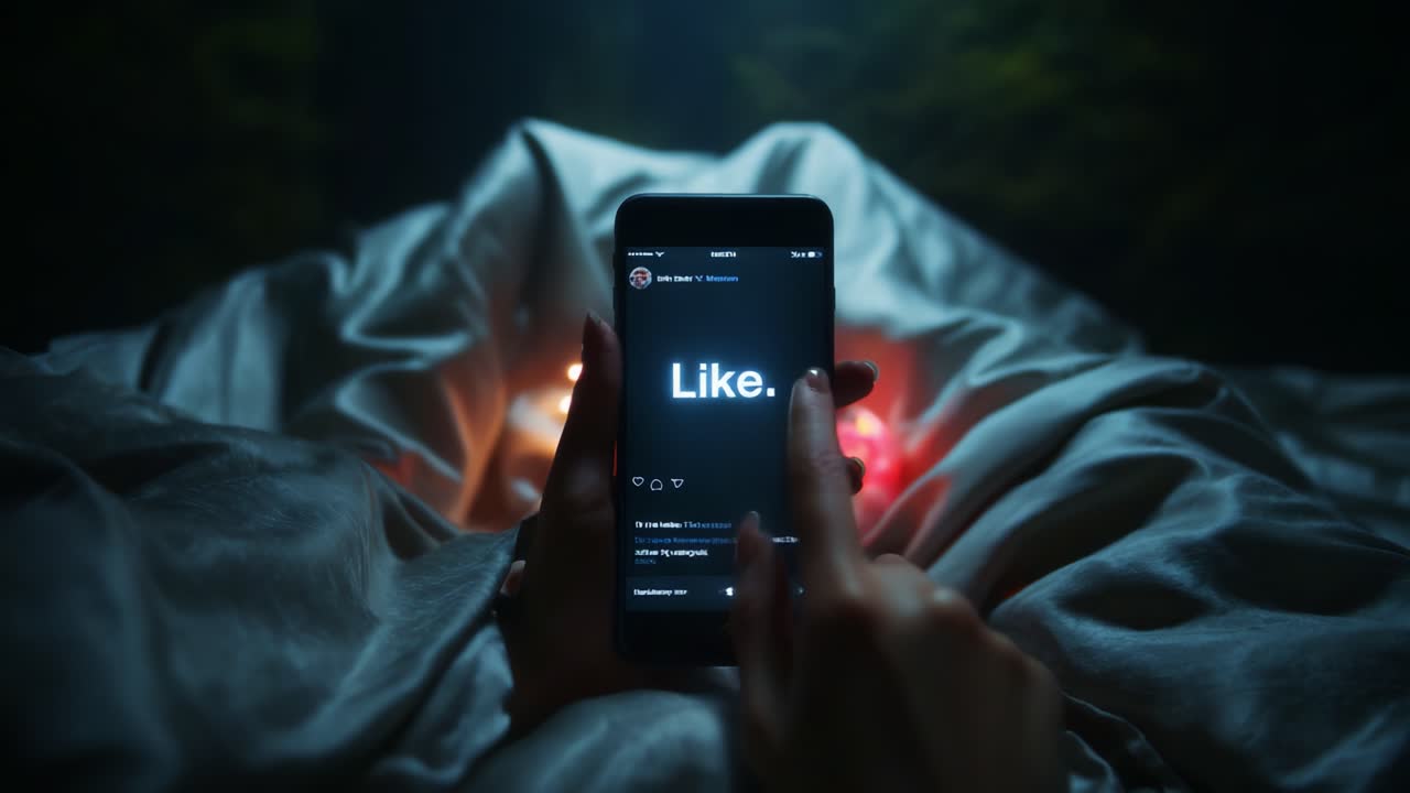 A Journey Through Social Media Engagement: Capturing the Moment of Interaction with a Smartphone in a Cozy, Dimly Lit Setting, Emphasizing Personal Connection and Online Presence
