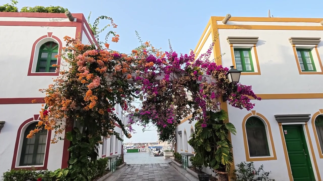Prospettiva di una passeggiata attraverso un bellissimo vicolo decorato con bougainvillea colorate, che rivela l'incantevole porto di Mogan a Gran Canaria