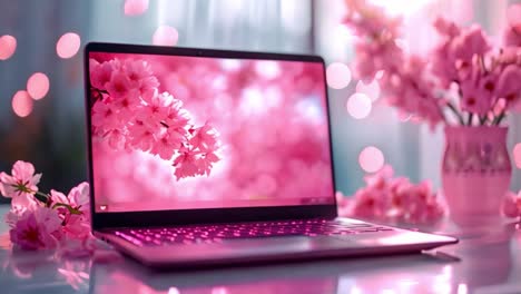 pink cherry blossom laptop aesthetic with floral decor
