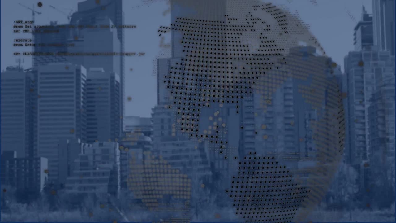 Animación de procesamiento de datos y globo terráqueo sobre paisaje urbano