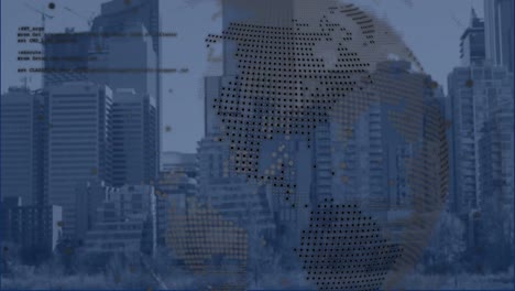 animación del procesamiento de datos y globo sobre el paisaje urbano