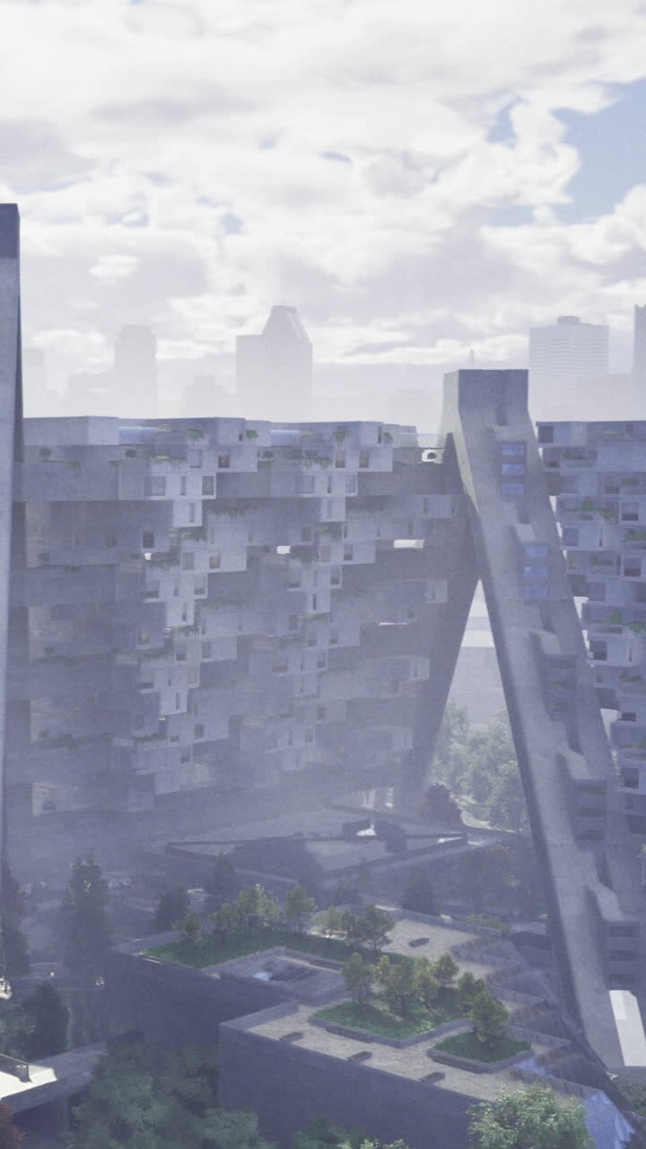 Edificio moderno en una ciudad con cielo gris y baja visibilidad.