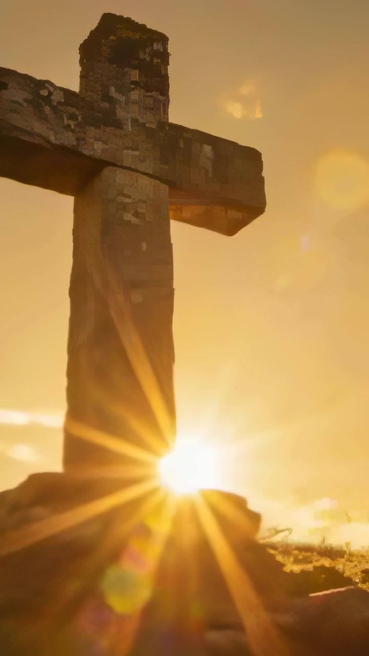 Video vertical: Sol naciente detrás de una cruz de piedra proyectando un estallido de sol, con destellos que se desvanecen sobre un montículo bajo y hierba.