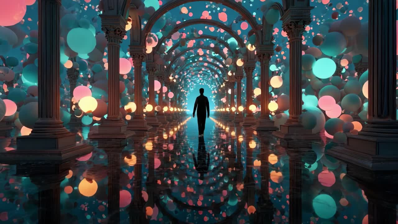 A solitary figure walks through a surreal archway filled with colorful orbs, reflecting on the glossy surface beneath, creating a captivating and dreamlike atmosphere