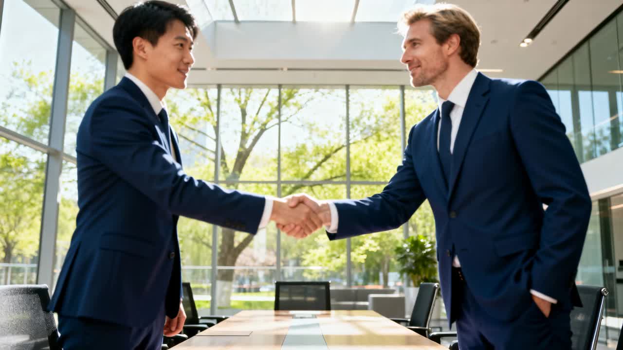 テーブル越しに右手を差し出し、ビジネスの握手を交わして取引を成立させる2人の男性。