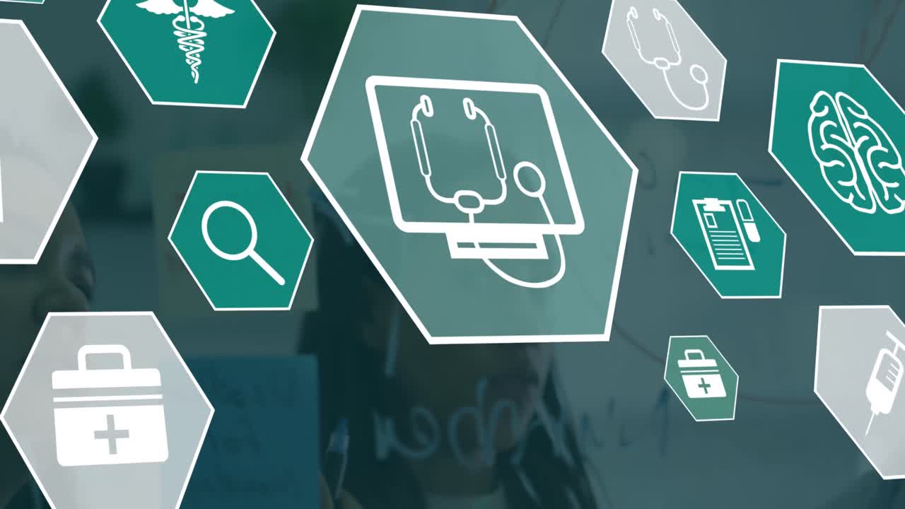 animación de iconos científicos en hexágonos sobre compañeros de trabajo afroamericanos en la oficina