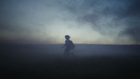 silhouette person in misty night landscape