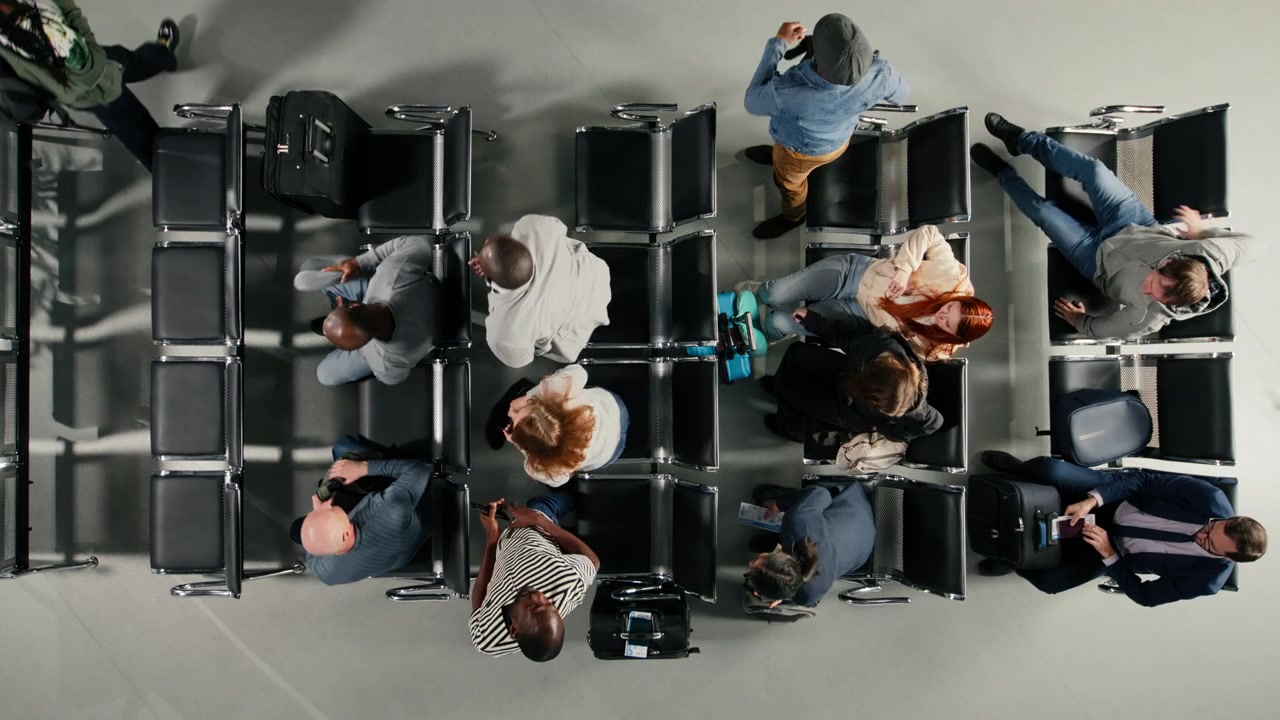 Walking, long flight layover and group of passengers in airport