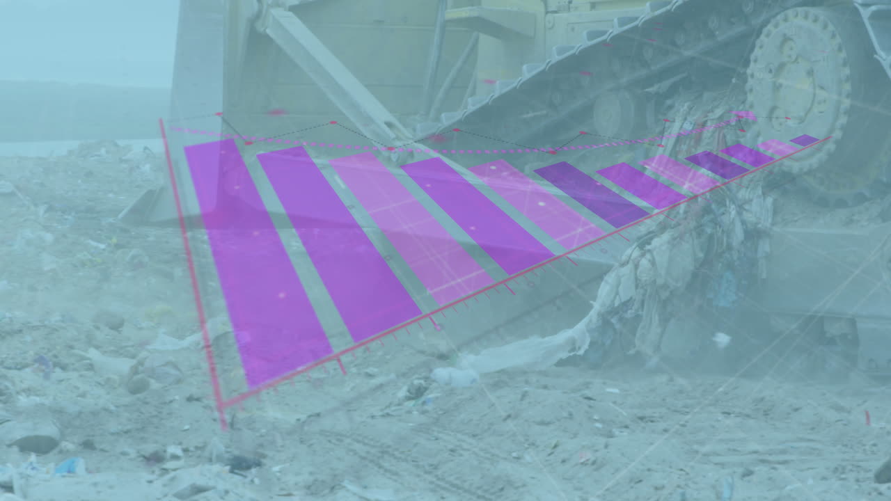vídeo compuesto digital del procesamiento de datos estadísticos contra una excavadora que trabaja en un vertedero