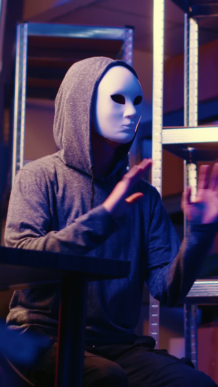 Hacker che registra un video verticale di richiesta di riscatto per la vittima