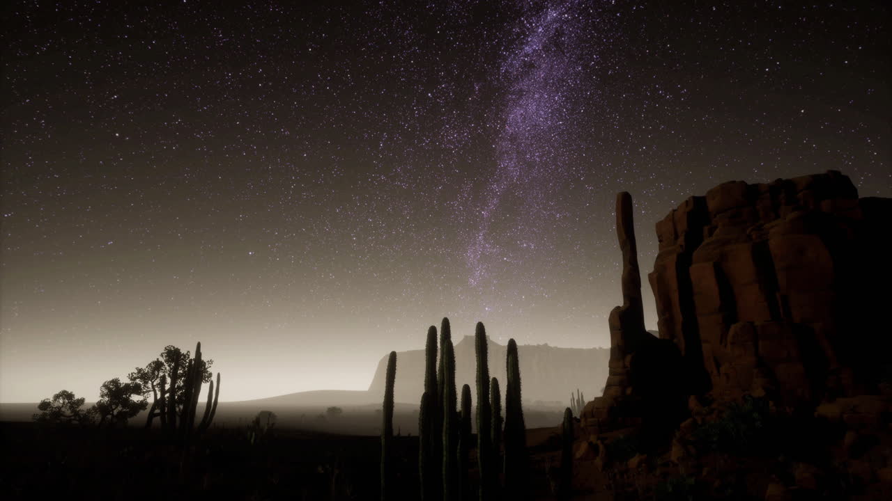 Ciel nocturne époustouflant mettant en valeur la Voie lactée au-dessus d'un paysage désertique avec des cactus.