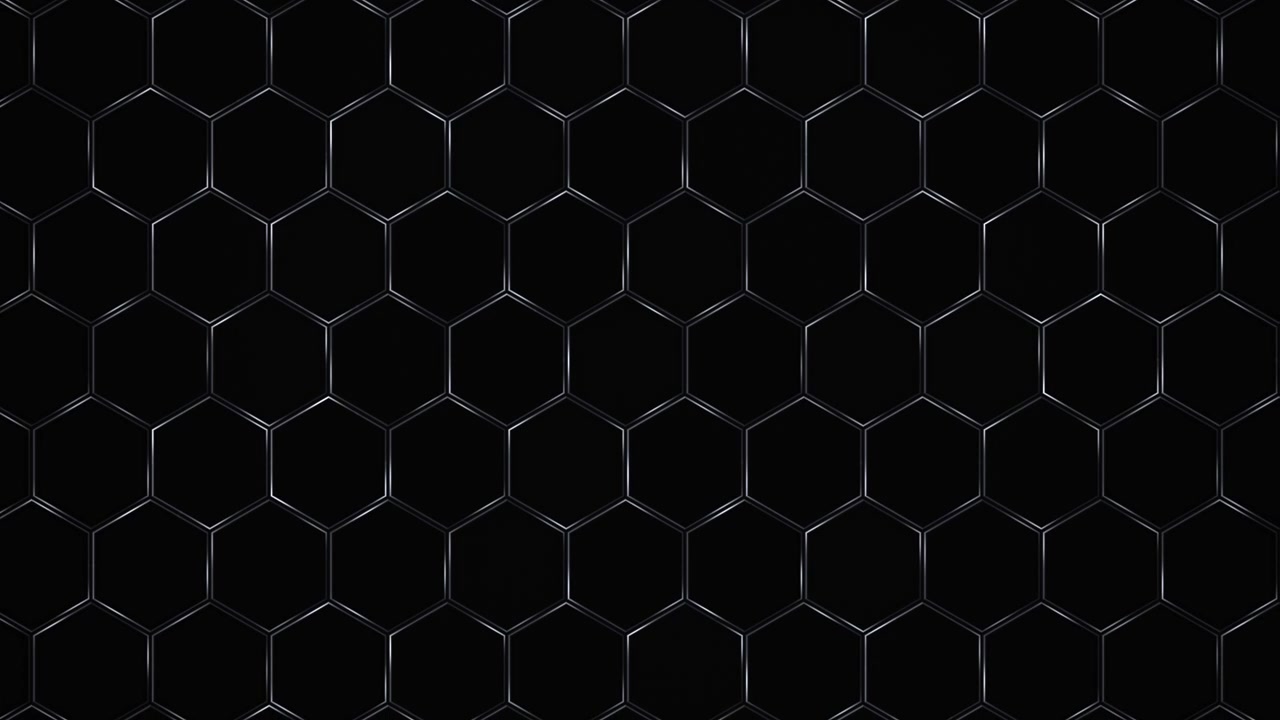 A dark geometric background featuring rows of black hexagons outlined with subtle cool highlights, creating a sleek futuristic and minimalist mood