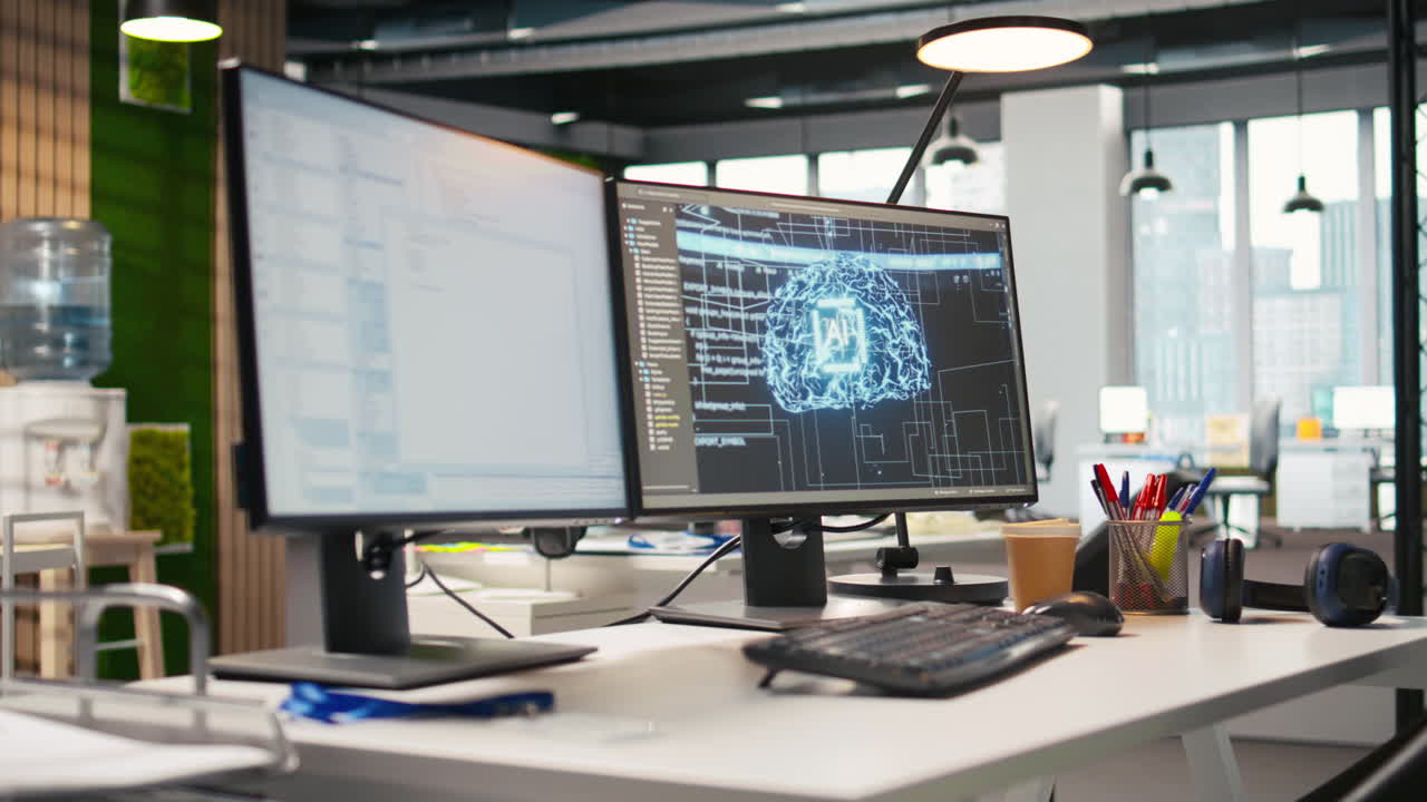 Pc In Empty It Startup Office Displaying Artificial Intelligence Code