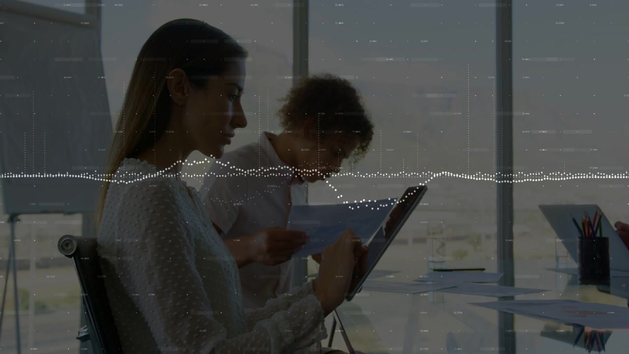 Woman tapping tablet and man reading docs, for business review, dotted waveform overlaying middle