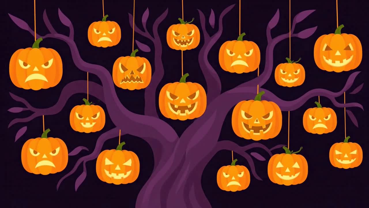 A spooky Halloween tree decorated with many hanging jack-o'-lanterns