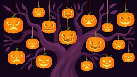 A spooky Halloween tree decorated with many hanging jack-o&#039;-lanterns