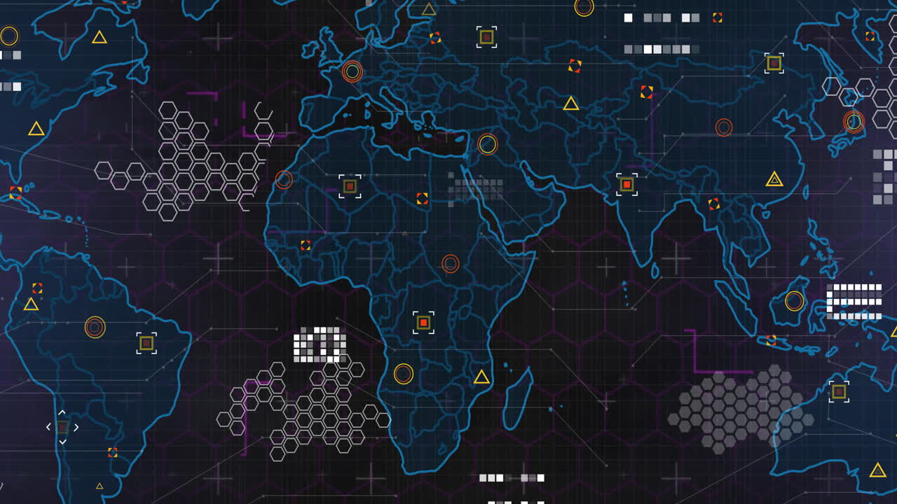 World map with data points and network connections, cyber security animation