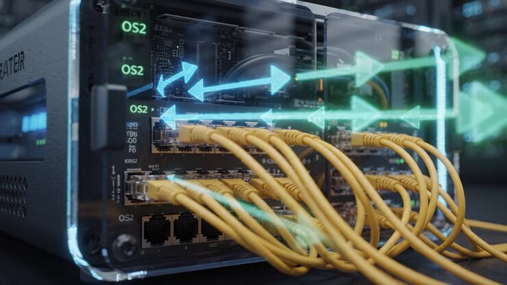Dispositivo di rete high-tech con cavi in fibra ottica per un trasferimento dati e una comunicazione migliorati nell'infrastruttura digitale moderna.