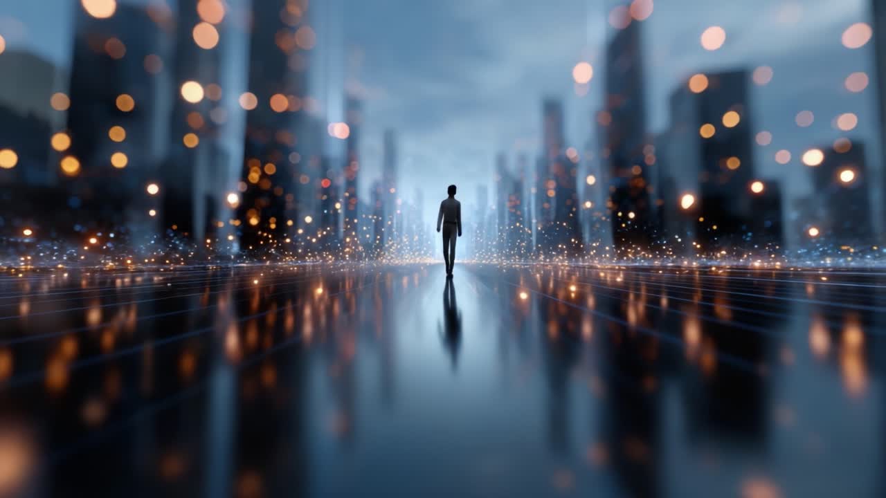 Una figura solitaria cammina attraverso un paesaggio urbano futuristico, ricco di luci scintillanti, che evidenziano la fusione tra tecnologia ed esperienza umana in un ambiente urbano