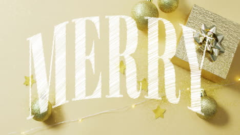 animation of merry text over christmas decorations on yellow background