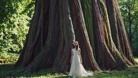 young woman wearing a long white dress is standing serenely by a majestic tree adorned with colorful threads, creating a captivating scene of nature and art intertwined in a forest setting