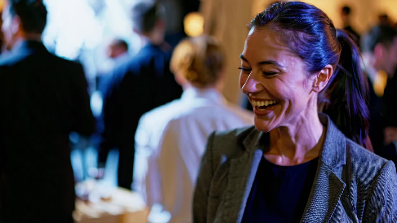 Un video spontaneo di una donna sorridente durante un evento sociale, ripreso da un angolo leggermente alto