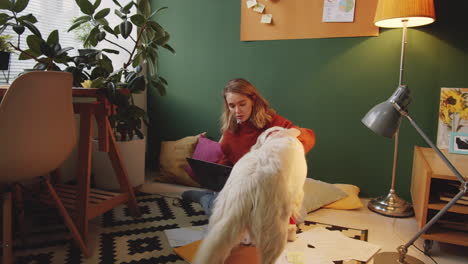 woman working from home with her dog