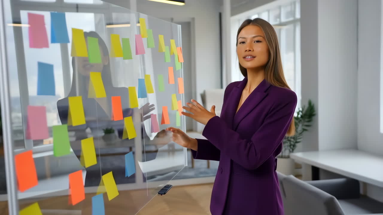 Businesswoman brainstorming and presenting ideas on a transparent board with sticky notes in a modern office