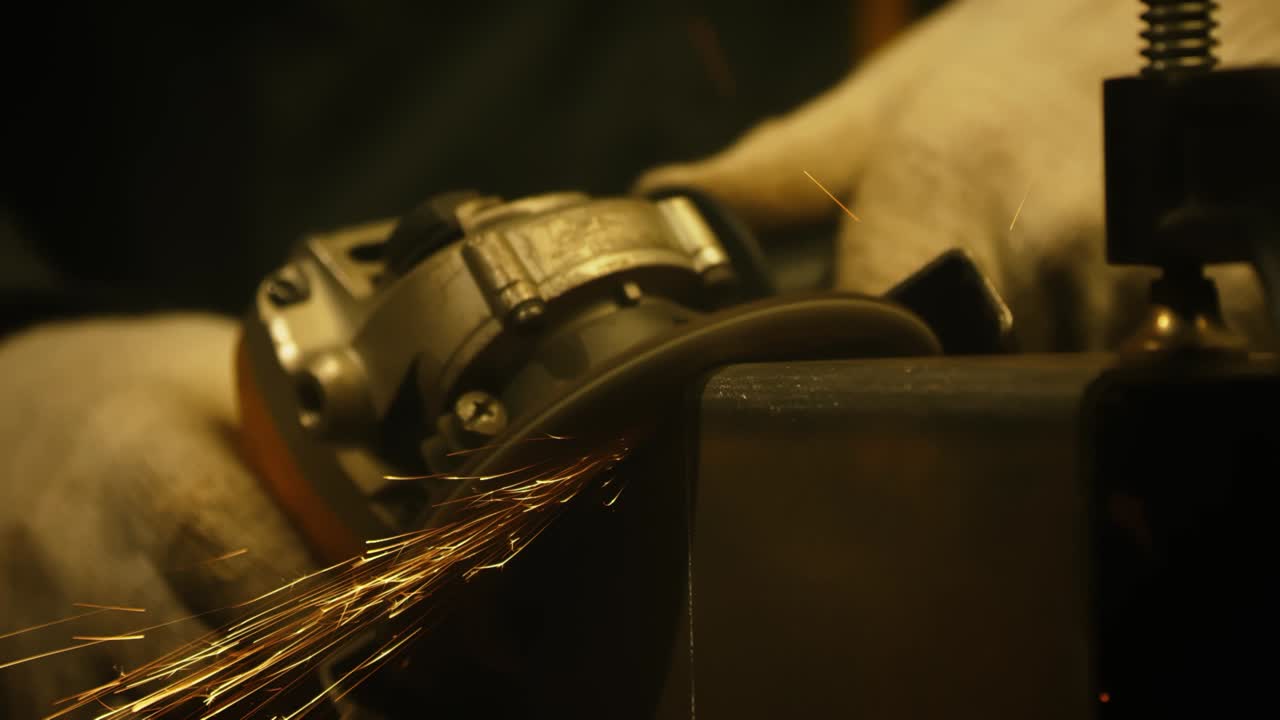 trabajador moliendo hierro. interior de la fábrica de la industria pesada con trabajador usando una molienda angular con muchas chispas afiladas. rueda eléctrica moliendo en tubos de acero en la fábrica. cámara lenta. video 4k. filmado en rojo