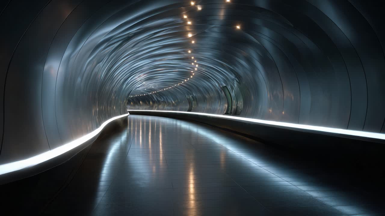 A Stunning Futuristic Tunnel with Smooth Surfaces and Ambient Lighting Creating a Mesmerizing Travel Pathway for Commuters and Visionaries Alike