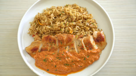 grilled chicken steak with red curry sauce and rice - muslim food style