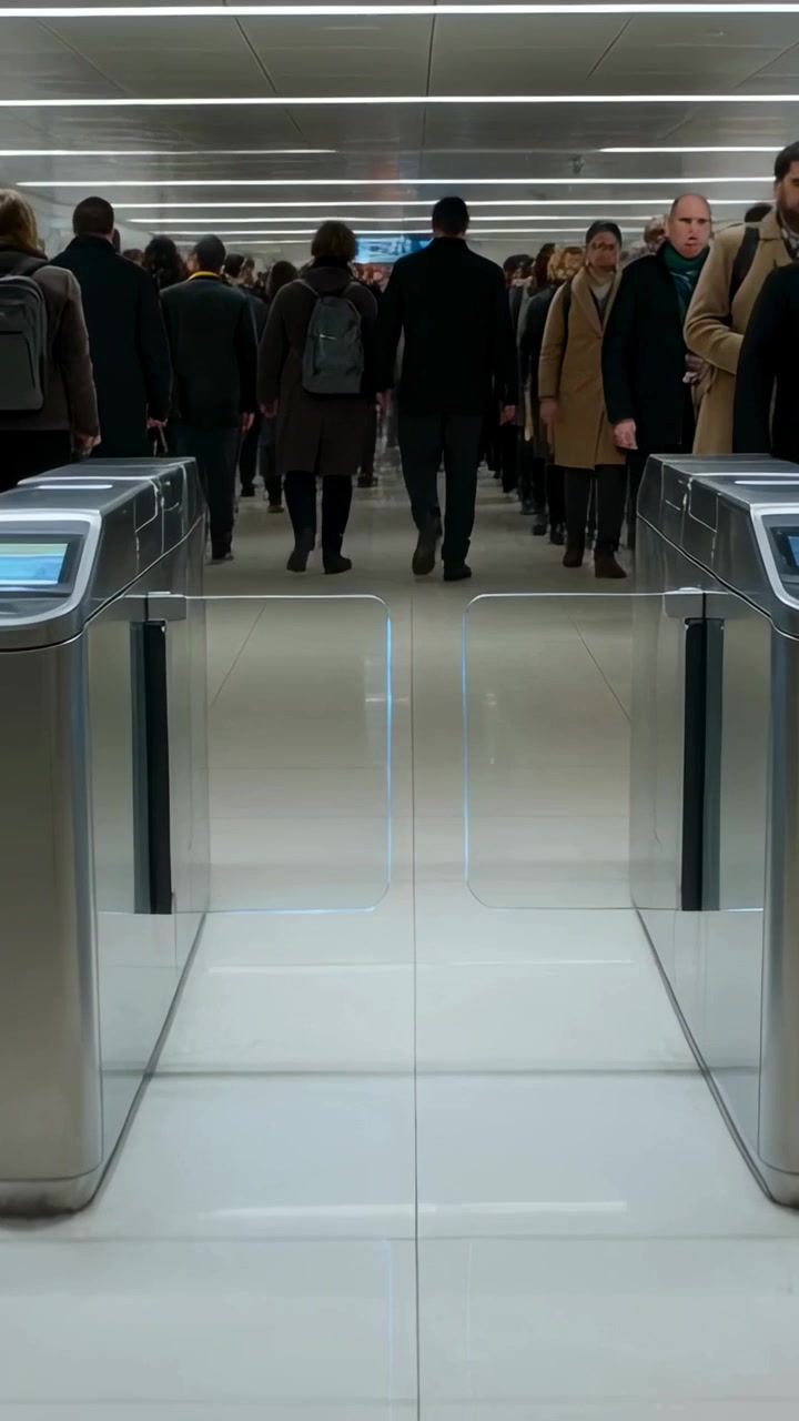Vertical video: Card lights flashing allowing center commuter in dark coat walking past fare gates