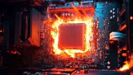 una placa base de computadora en llamas con una luz roja saliendo de ella