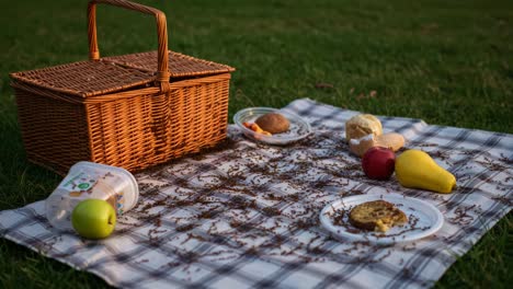 a scenic picnic setup featuring a woven basket, varied snacks, and refreshing fruits spread across a cozy blanket on a sunny green field