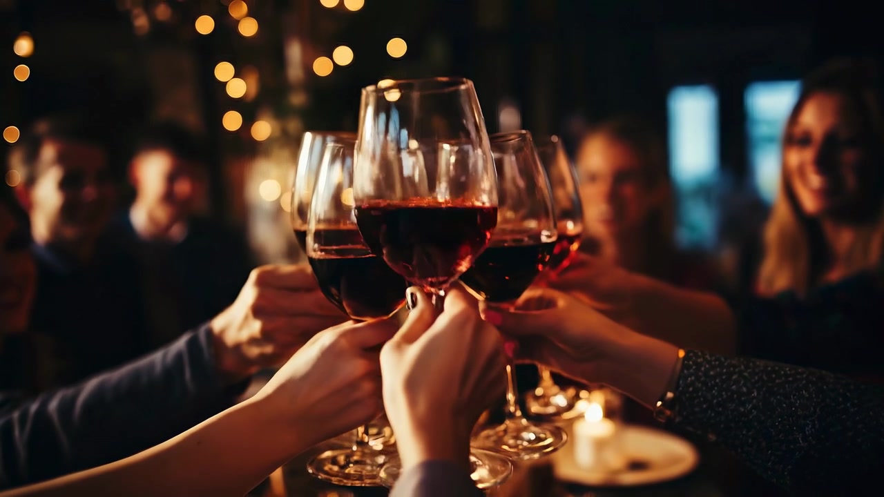 Friends Toasting with Red Wine at a Dinner Party