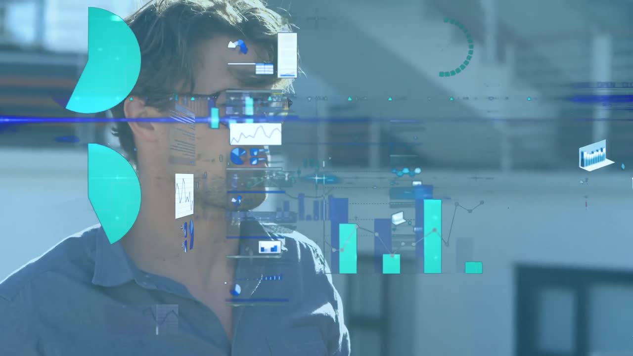 animación del procesamiento de datos sobre un hombre caucásico bebiendo café