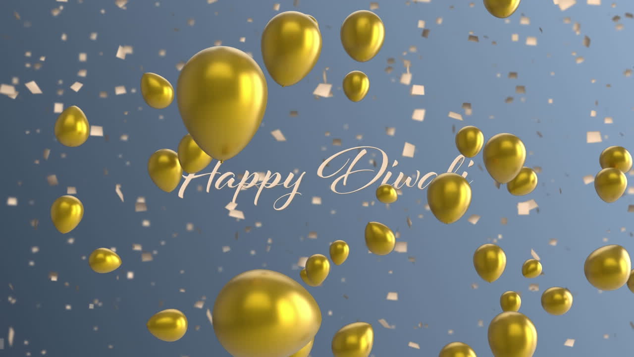 animación de confeti, globos y feliz diwali sobre un fondo azul