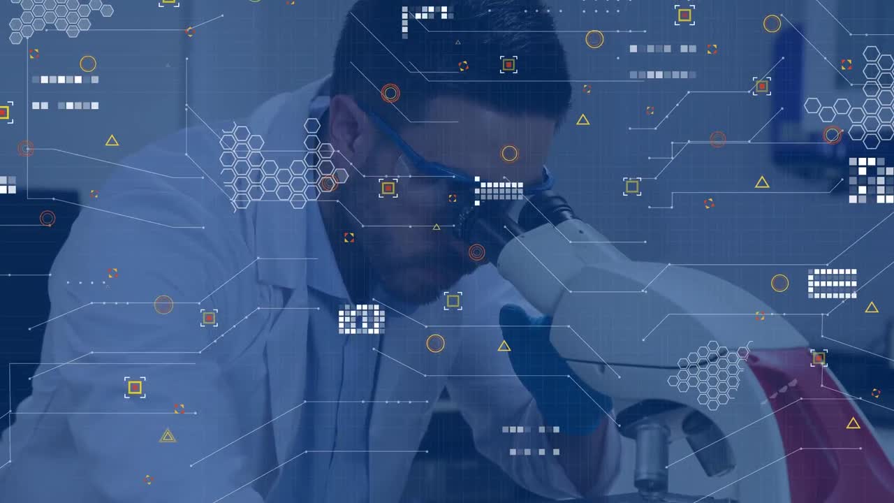 Animation of data processing over biracial male scientist using microscope at laboratory
