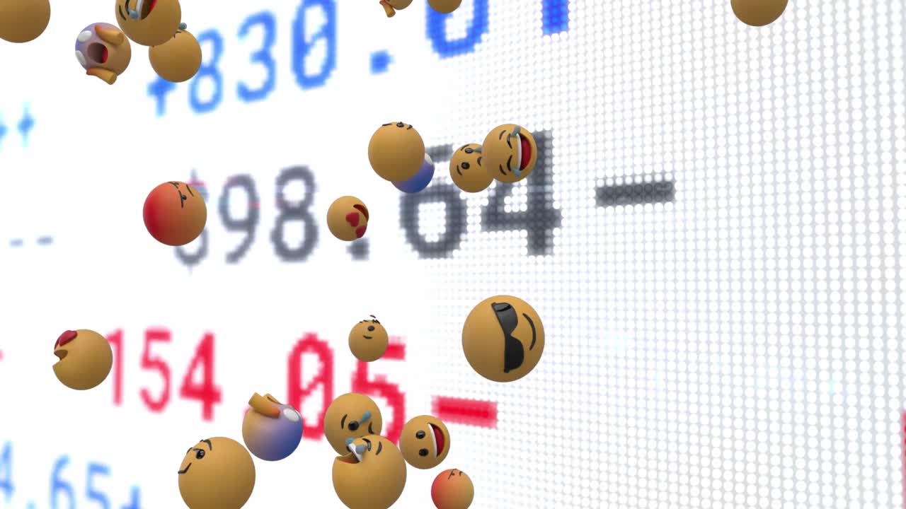 animación de iconos emoji flotando sobre el procesamiento de datos financieros de la bolsa de valores