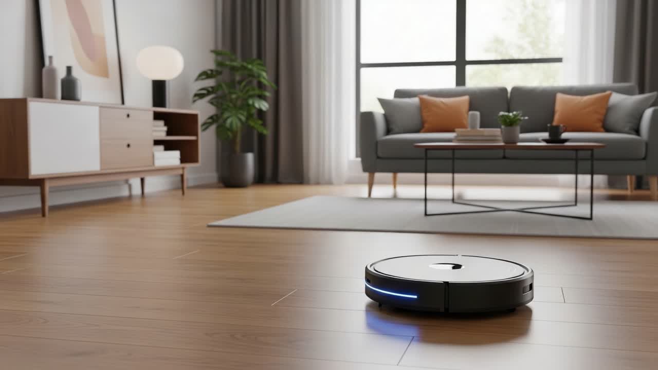 A Modern Living Room Featuring a Smart Robotic Vacuum Cleaner ...
