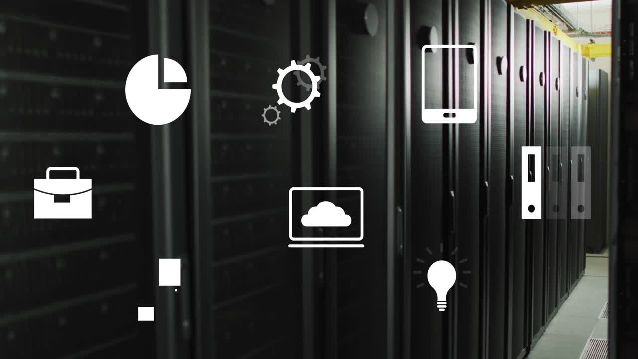Animation of multiple digital icons floating against computer server room
