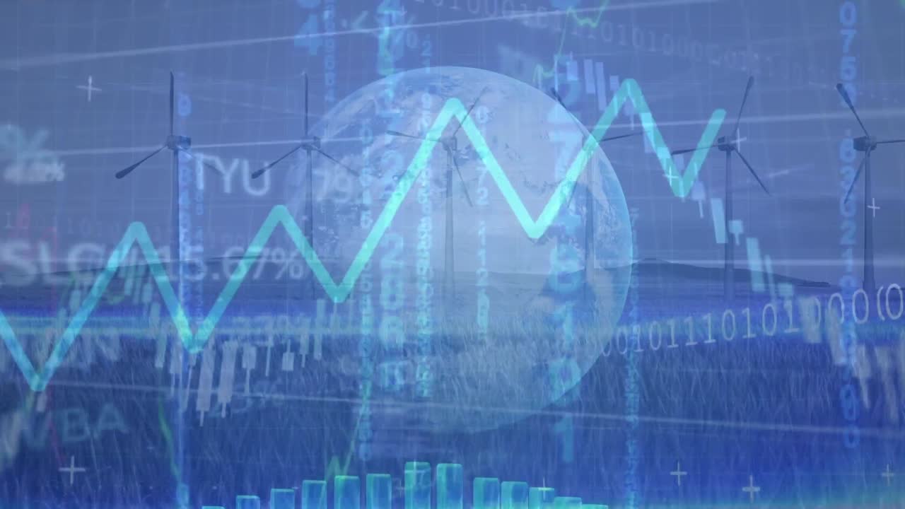 animazione di codifica binaria, globo, elaborazione dei dati su turbine eoliche