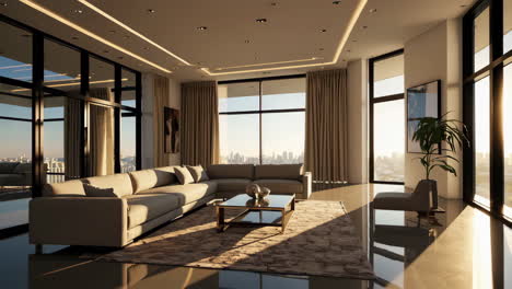 modern luxury living room with city skyline view
