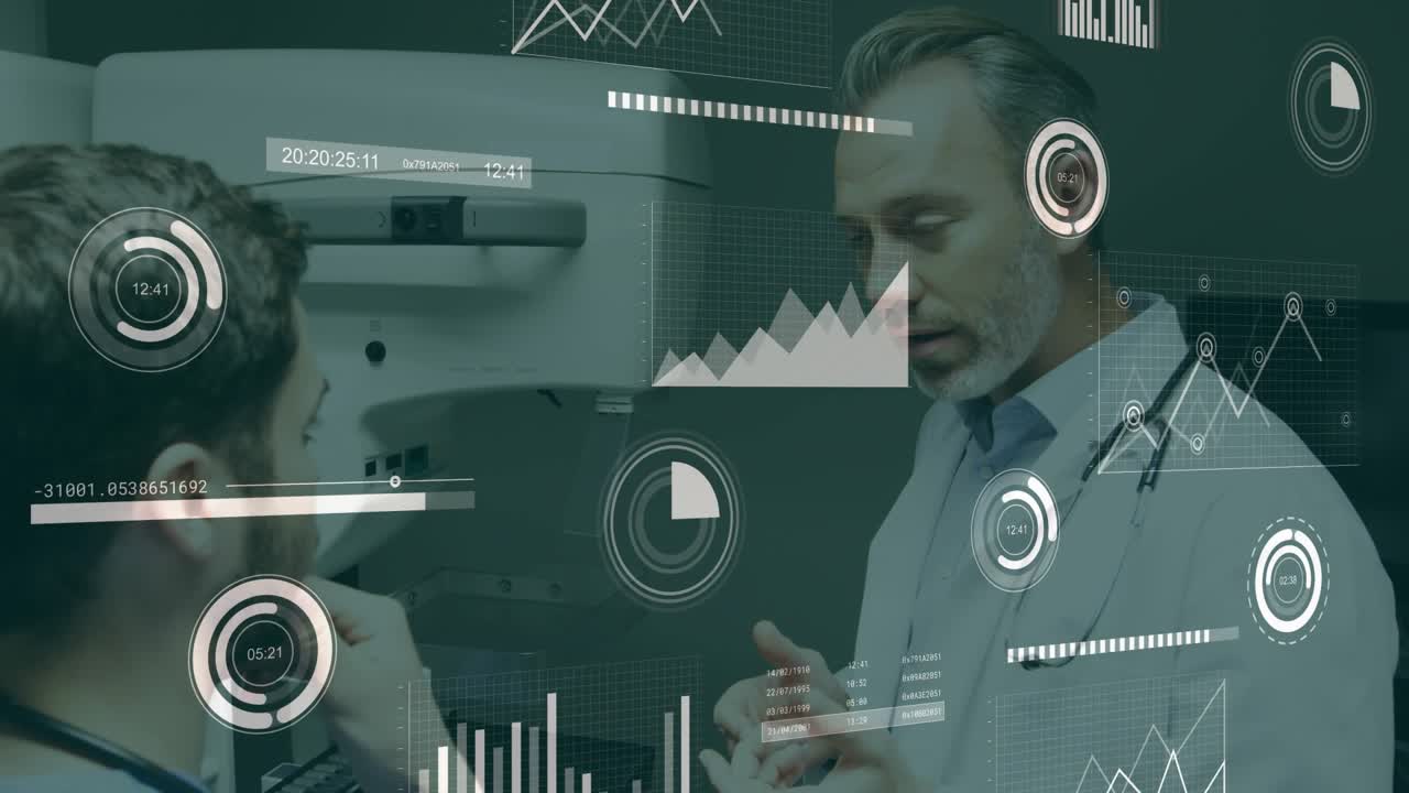 Un clinico senior indica, insegnando la diagnostica dello scanner al personale più giovane, con grafici HUD in sovrapposizione.