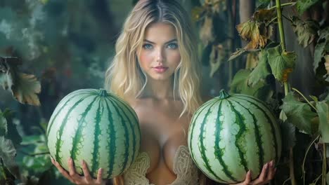 a woman holding two watermelons in her hands