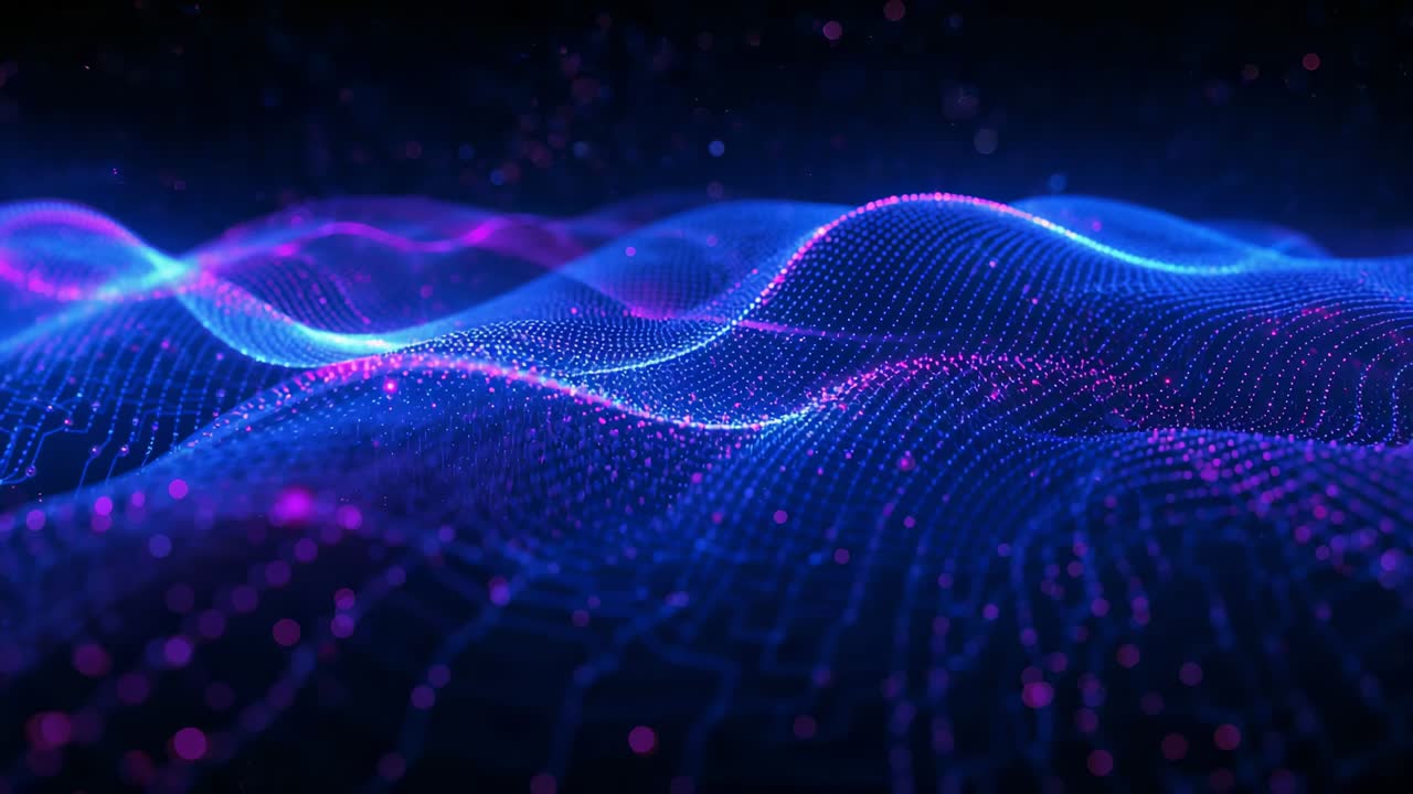 Starting playback, neon mesh with lines pulsing and shifting forward on black stage, showing energy